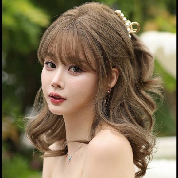 15” Light Brown Wavy Shoulder Length Synthetic Heat Resistant Wig With Bangs - Picture 2 of 11